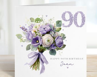 Personalised 90th Birthday Card, Lilac Purple Flowers, Pretty Floral Bouquet
