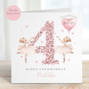 May include: A birthday card featuring two ballerinas and a large number 4 made of pink glitter. The card reads "Happy 4th Birthday Matilda" and "To a special Granddaughter". A pink heart-shaped balloon is also featured.