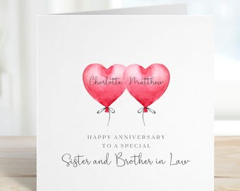 Personalised Sister & Brother in Law Anniversary Card, Personalised Anniversary Greeting Card, Watercolour Heart Balloons, Names Card