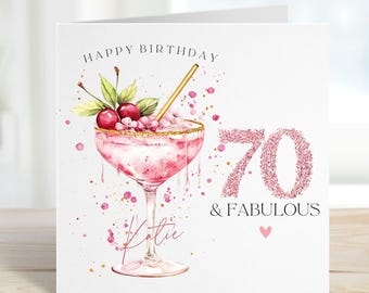 Personalised 70th Birthday Card, Cocktail Rose Gold Pink Design