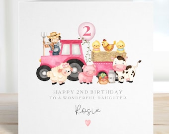 Personalised 2nd Birthday Farm Animals Card, Second Birthday Card For Daughter, Pink Tractor Card Daughter Granddaughter Niece
