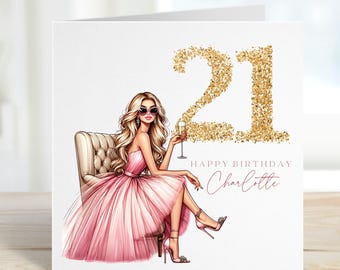 Puede incluir: Una tarjeta de cumpleaños con una mujer con un vestido rosa y un 21 de purpurina dorada. El texto dice "Feliz cumpleaños Charlotte".