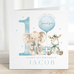 Personalised 1st Birthday Card for Grandson Nephew Godson Child Boy, First Birthday Card, Baby Safari Animals