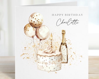 Personalised Happy Birthday Card, Cake, Champagne, Gold, Friend Birthday, Gift for Her