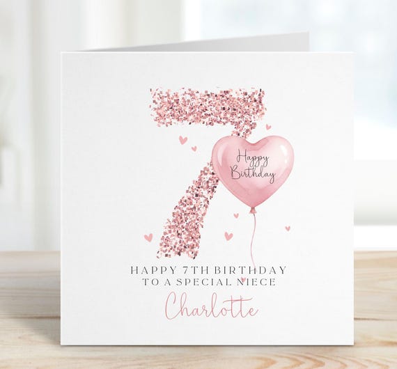 Personalised 7th Birthday Card for daughter, sister, friend, niece, Granddaughter, Rose Gold