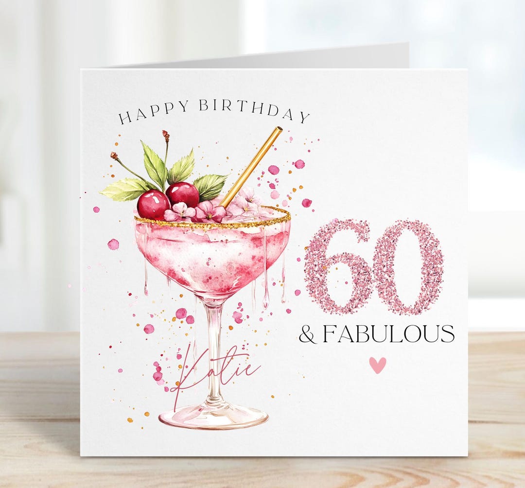 Personalised 60th Birthday Card, Cocktail Rose Gold Pink Design - Etsy UK