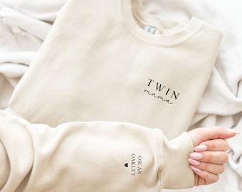 Custom Twin Mama Sweatshirt with Names on Sleeve, Custom Mum Mummy Mama Sweatshirt,  Christmas Birthday Mothers Day Gift for Mum