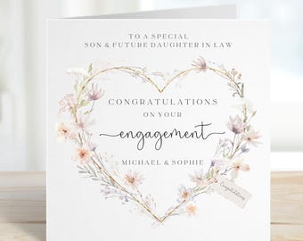 Son and Future Daughter in Law Engagement Card, Son and Fiancee Engagement Card, Engaged, Floral Heart Wreath
