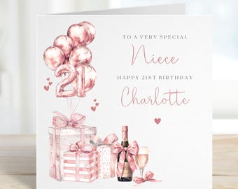 Personalised Niece 21st Birthday Card, Rose Gold Pink, Champagne Balloons