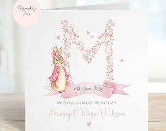 Christening Day Card, Pretty Pink Floral Initial, Bunny