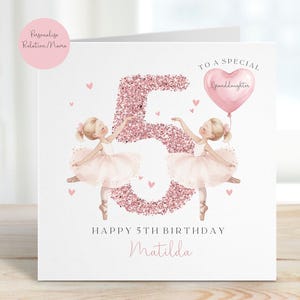 Granddaughter Personalised 5th Birthday Card, Sister, Niece, Daughter, Goddaughter, Rose Gold Pink, Ballerina Princess