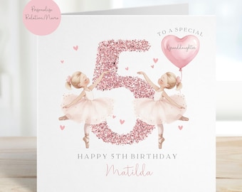 Granddaughter Personalised 5th Birthday Card, Sister, Niece, Daughter, Goddaughter, Rose Gold Pink, Ballerina Princess