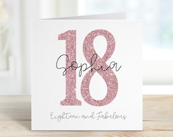 Personalised 18th Birthday Card, Eighteen & Fabulous Birthday Card For Her, personalised card, pink glitter effect, gift, 18th birthday gift