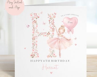 Personalised Ballerina Birthday Card, Floral Initial, Girl's Birthday