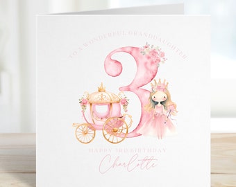 May include: A pink and gold birthday card with a princess and a carriage. The card says "To a wonderful granddaughter" and "Happy 3rd Birthday Charlotte".