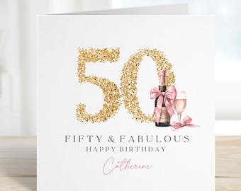 Personalised 50th Birthday Card for Friend, Fifty & Fabulous, Mum, Sister, Auntie 50th, 50th Birthday Gift, Fifty, Fiftieth Prosecco