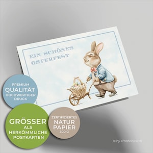 Leuke paaskaart (vouwkaart) | Konijn met kruiwagen en paasmandje | Premium karton | Incl. hoes | Grote kaart (115 mm x 170 mm)