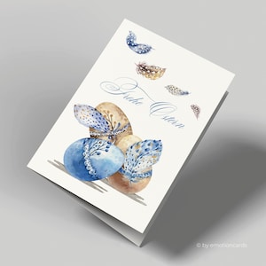 Belle carte de Pâques (carte pliante) | Trois œufs de Pâques avec des plumes volantes | Carton de qualité supérieure | Couverture incluse | Grande carte (115 mm x 170 mm)