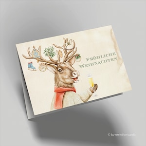 Divertente biglietto di Natale (biglietto pieghevole) | Cervo al Prosecco | Cartone premium di alta qualità | Incl. copertura | Piacevole al tatto (115 mm x 170 mm)