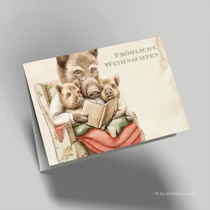 Liefdevolle kerstkaart (vouwkaart) | Familie wilde zwijnen leest verhaal | Premium karton | Incl. hoes | Grote kaart (115 x 170 mm)
