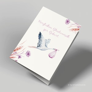 Carte de voeux | Carte de naissance | Félicitations pour la naissance | La cigogne apporte du rose bébé | Carte de naissance fille | Avec enveloppe