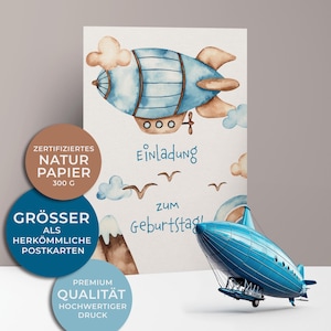 5x/10x uitnodigingskaarten voor kinderverjaardagen | Vliegende Zeppelin | Premium karton | Grote kaart (115 mm x 170 mm)