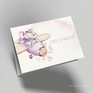 Grazioso biglietto di nascita (biglietto pieghevole) | Elefante sull'aereo | Cartone premium di alta qualità | Con busta | Piacevole al tatto (170 mm x 115 mm)