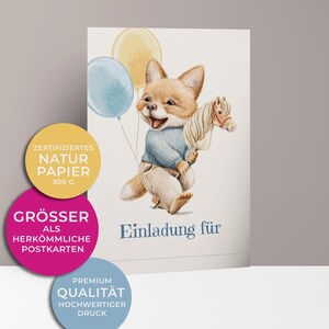 5x/10x Einladungskarten zum Kindergeburtstag | Fuchs auf Steckenpferd | Premium-Karton | Große Karte (115mm x 170mm)