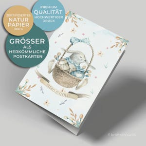 Linda tarjeta de Pascua (tarjeta plegable) | Conejito en canasta de Pascua con huevos y lazo | Cartón de primera calidad | Incluye funda | Mapa grande (115 mm x 170 mm)