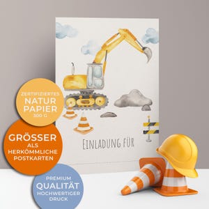 5x/10x tarjetas de invitación para cumpleaños infantiles | En el sitio de construcción - excavadora | Cartón de primera calidad | Mapa grande (115 mm x 170 mm)