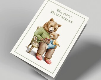 Gefeliciteerd kaart | Verjaardagskaart | Fijne verjaardag | Fijne verjaardag | Twee beren met taart | Vouwkaart met envelop | waterverf