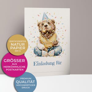 5x/10x uitnodigingskaarten voor kinderverjaardagen | Schattige beer met feestmuts | Premium karton | Grote kaart (115 mm x 170 mm)