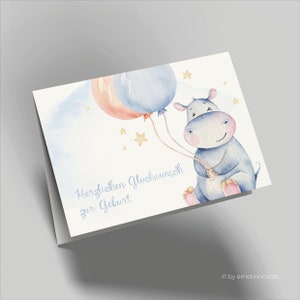 Biglietto d'auguri | Biglietto di nascita | Congratulazioni per la nascita | Ippopotamo felice con palloncino e stelle | Per ragazzi | Con busta