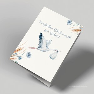 Jolie carte de naissance (carte pliante) | cigogne | Carton premium de haute qualité | Avec enveloppe | Toucher agréable (115 mm x 170 mm)