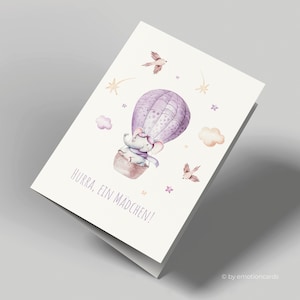 Carte de voeux | Carte de naissance | Hourra, une fille | Éléphant dans un ballon | Carte de naissance fille | Avec enveloppe violette | Carte pliante