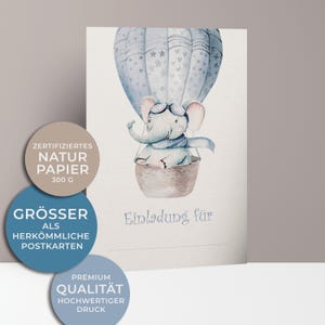 5x/10x Einladungskarten zum Kindergeburtstag | Süßer Elefant im Heißluftballon | Premium-Karton | Große Karte (115mm x 170mm)