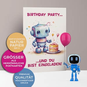 5x/10x Einladungskarten zum Kindergeburtstag | Für Mädchen | Roboter mit Kuchen | Premium-Karton | Große Karte (115mm x 170mm)