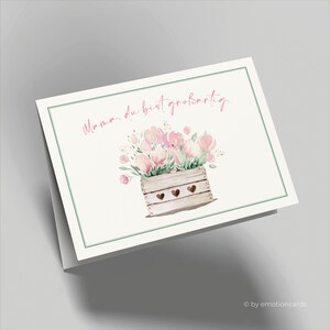 Biglietto di congratulazioni | Biglietto per la festa della mamma | Mamma, sei fantastica | Tulipani in scatola di legno | Di' grazie | Grazie | Con busta | acquerello