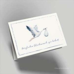Carte de voeux | Carte de naissance | Félicitations pour la naissance | La cigogne apporte du bleu bébé | Carte de naissance garçon | Avec enveloppe