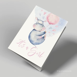 Carte de voeux | Carte de naissance | C'est une fille | Hippopotame heureux avec ballon et coeurs | Carte de naissance fille | Avec enveloppe rose