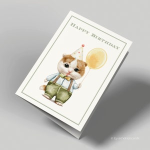 Grazioso biglietto di auguri di compleanno (biglietto pieghevole) | Gatto con palloncino | Cartone premium di alta qualità | Con busta | Piacevole al tatto (170 mm x 115 mm)