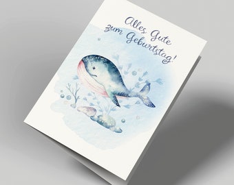 Geburtstagskarte | Unterwasser | Kleiner Wal | Alles Gute zum Geburtstag | Klappkarte mit Umschlag | Aquarell