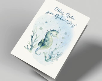 Glückwunschkarte | Geburtstagskarte | Unterwasser | Seepferdchen | Alles Gute zum Geburtstag | Mit Umschlag | Klappkarte | Aquarell