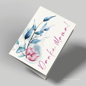 Glückwunschkarte | Muttertagskarte | Danke Mama | Blume Rosa und Blaue Blätter | Danke sagen | Bedanken | Grußkarte mit Umschlag | Aquarell