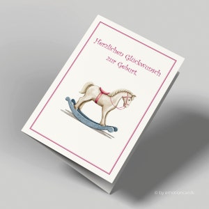 Carte de voeux | Carte de naissance | Félicitations pour la naissance | Cheval à bascule ancien | Pour les filles | Avec enveloppe | Carte pliante