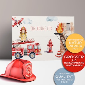 Cartes d'invitation 5x/10x pour anniversaires d'enfants | Grande fête des pompiers | Carton de qualité supérieure | Grande carte (115 mm x 170 mm)