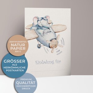 5x/10x uitnodigingskaarten voor kinderverjaardagen | Schattige olifant in het vliegtuig | Premium karton | Grote kaart (115 mm x 170 mm)