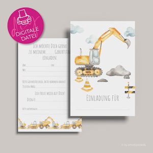 Kinderverjaardagsuitnodiging om zelf uit te printen Creatieve uitnodiging | Doe het zelf | Doe-het-zelf | Formaat B6 | Rupsgraafmachine voor bouwplaatsen
