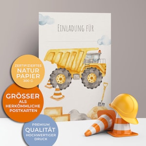 5x/10x uitnodigingskaarten voor kinderverjaardagen | bouwplaats, kiepwagen | Premium karton | Grote kaart (115 mm x 170 mm)