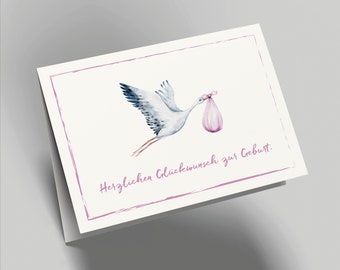 Jolie carte de naissance (carte pliée) | cigogne hochet | Carton premium de haute qualité | Avec enveloppe | Toucher agréable (170 mm x 115 mm)